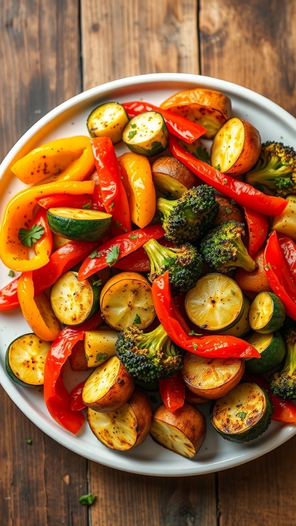 Crispy Air Fryer Vegetables Recipe Crispy air fryer vegetables including bell peppers, zucchini, and broccoli, garnished with herbs on a wooden table.